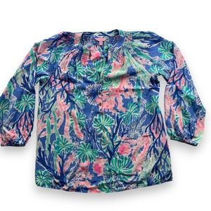 Lilly Pulitzer Elsa Silk Blouse Blue Pink Coral Reef Print Top Size M 41773